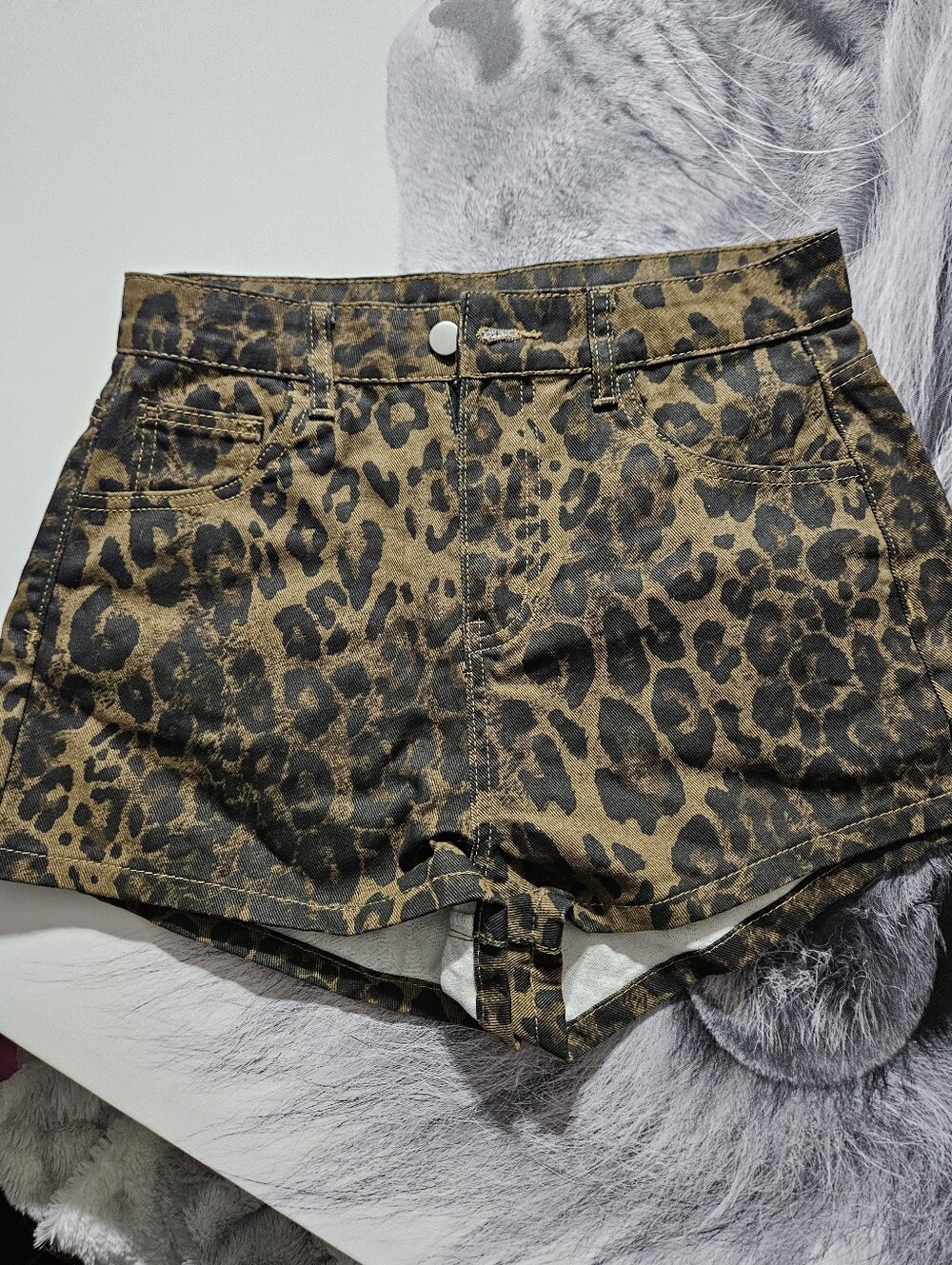 Leopard Print High-Rise Women’s Denim Shorts - Brown/Black